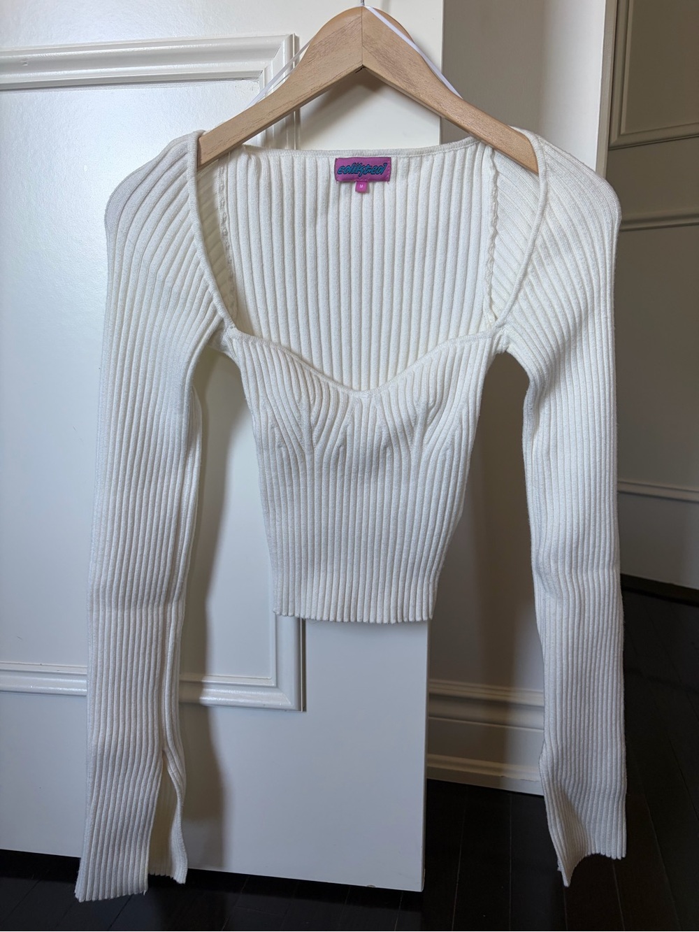 Edikted Cream Ribbed Sweetheart Long Sleeve Top